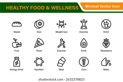 Essential Healthy Food and Wellness Icons. Perfect for Nutrition Guides, Diet Plans, Wellness Apps, Fitness Programs, and Holistic Lifestyle Designs