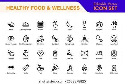 Essential Healthy Food and Wellness Icons. Perfect for Nutrition Guides, Diet Plans, Wellness Apps, Fitness Programs, and Holistic Lifestyle Designs