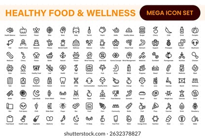 Essential Healthy Food and Wellness Icons. Perfect for Nutrition Guides, Diet Plans, Wellness Apps, Fitness Programs, and Holistic Lifestyle Designs