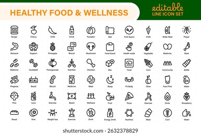 Essential Healthy Food and Wellness Icons. Perfect for Nutrition Guides, Diet Plans, Wellness Apps, Fitness Programs, and Holistic Lifestyle Designs