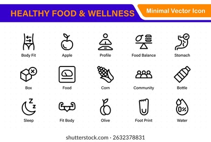 Essential Healthy Food and Wellness Icons. Perfect for Nutrition Guides, Diet Plans, Wellness Apps, Fitness Programs, and Holistic Lifestyle Designs