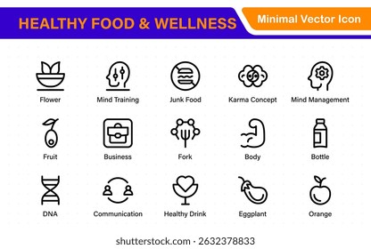 Essential Healthy Food and Wellness Icons. Perfect for Nutrition Guides, Diet Plans, Wellness Apps, Fitness Programs, and Holistic Lifestyle Designs
