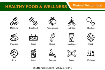 Essential Healthy Food and Wellness Icons. Perfect for Nutrition Guides, Diet Plans, Wellness Apps, Fitness Programs, and Holistic Lifestyle Designs