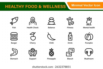 Essential Healthy Food and Wellness Icons. Perfect for Nutrition Guides, Diet Plans, Wellness Apps, Fitness Programs, and Holistic Lifestyle Designs