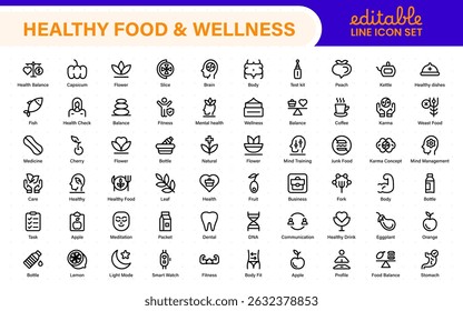 Essential Healthy Food and Wellness Icons. Perfect for Nutrition Guides, Diet Plans, Wellness Apps, Fitness Programs, and Holistic Lifestyle Designs