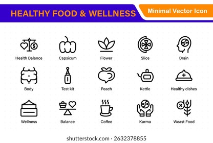 Essential Healthy Food and Wellness Icons. Perfect for Nutrition Guides, Diet Plans, Wellness Apps, Fitness Programs, and Holistic Lifestyle Designs