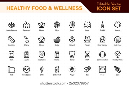 Essential Healthy Food and Wellness Icons. Perfect for Nutrition Guides, Diet Plans, Wellness Apps, Fitness Programs, and Holistic Lifestyle Designs