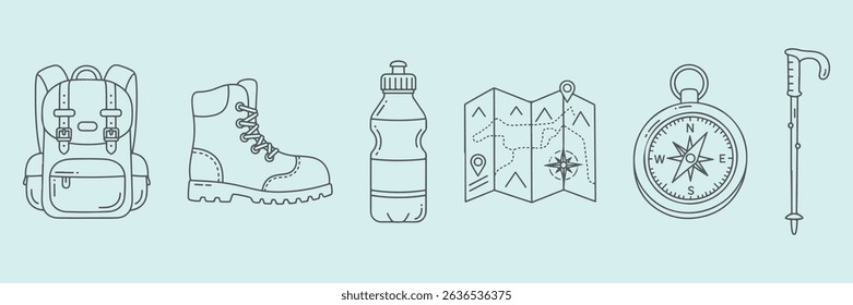 Essential Hiking Gear: Backpack, Hiking Boots, Water Bottle, Trail Map, Compass, and Walking Stick for Outdoor Adventures

