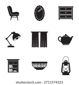 Essential home decor icons featuring furniture lighting accessories and time pieces for elegant interior design projects