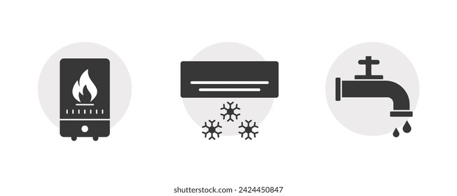 Essential Home Service Icons. Plumbing, cooling and heating Icons. HVAC Icons. Editable Stroke and Colors.