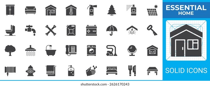 Essential home solid glyph icon set. Vector symbol pack includes icons like sofa, bed, shower, mirror, washing machine, faucet, solar panel, table. Useful for apps and infographics