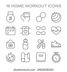Essential Home Workout Icons set. Symbols represent key fitness elements like weights, heart rate, hydration, and active footwear. Essentials for a home-based exercise routine. Flat vector icons.