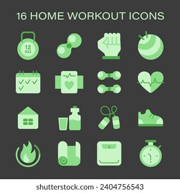 Essential Home Workout Icons set. Symbols represent key fitness elements like weights, heart rate, hydration, and active footwear. Essentials for a home-based exercise routine. Flat vector icons.