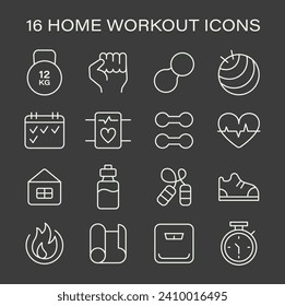 Essential Home Workout Icons set. Symbols represent key fitness elements like weights, heart rate, hydration, and active footwear. Essentials for a home-based exercise routine. Flat vector icons.