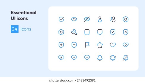 Essential icon collection for ui. Vector thin line illustration set. Basic user interface symbols isolated on white background. Design element. Like, hide, settings, heart, man