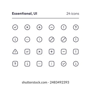 Grundlegende Icon-Kollektion für die Benutzeroberfläche. Vektorgrafik Dünnlinien-Illustrationsset. Basis-Benutzeroberflächensymbole auf weißem Hintergrund. Gestaltungselement