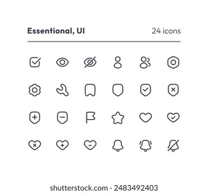 Essential icon collection for ui. Vector thin line illustration set. Basic user interface symbols isolated on white background. Design element. Like, hidden, settings