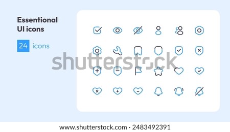 Essential icon collection for ui. Vector thin line illustration set. Basic user interface symbols isolated on white background. Design element. Like, hide, settings, heart, man