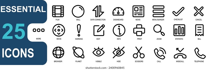 essential icon collection.outline style.vector illustration set.contains film,ball,network connection,dashboard,news,menu,checklist,cancel,more.suitable for UI design.