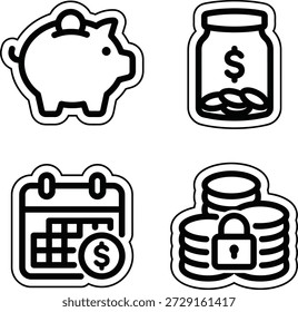 Conjunto de iconos esenciales para la planificación financiera, el ahorro y la gestión segura del dinero. Incluye una hucha, un tarro de dinero, un calendario con fondos y pilas de monedas bloqueadas.