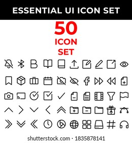 Essential Icon Set Include Bell, Blue Tooth, Bold, Book, Bookmark, Briefcase, Calendar, Camera, Cast, Chevron, Clock, Chrome, Cloud, Clipboard, Upload, Edit, Draw, External, Eye, Social Media, Fast