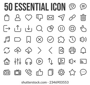 Conjunto de iconos esenciales, en estilo de línea en píxel perfecto. para las necesidades de interfaces de usuario, sitios web y aplicaciones tecnológicas. Incluye hogar, como, multimedia, medios sociales, marcadores y navegación.