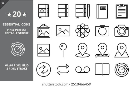 essential icon set.filled line icon.modern style vector.remote,trashcan,junk,user,group,app,menu,code,gift,bookmark. suitable for web ui