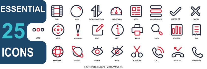essential icon set.style outline color.contains film,ball,network connection,dashboard,statistics,bill,browser,telephone,eye.good for web and app.