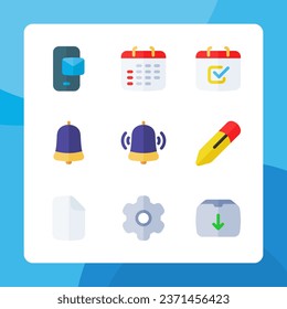 Essential icons in flat style, for ui ux design, website icons, interface and business. Including calendar, to do list, notification bell, setting, file, pencil, etc.