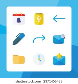 Iconos esenciales en estilo plano, para un diseño ui ux, iconos de sitio web, interfaz y negocio. Incluyendo calendario, recordatorio, hora, lápiz, carpeta, mensaje favorito, nota, etc.