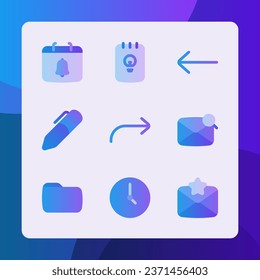 Essential icons in gradient style, for ui ux design, website icons, interface and business. Including calendar, reminder, time, pen, folder, favorite message, note, etc.