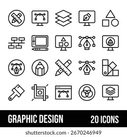 Iconos esenciales para el Diseño gráfico, que abarcan varias herramientas y etapas del flujo de trabajo creativo