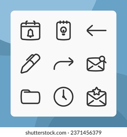 Essential icons in line style, for ui ux design, website icons, interface and business. Including calendar, reminder, time, pen, folder, favorite message, note, etc.