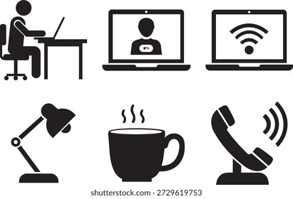 Iconos esenciales para el trabajo remoto, la configuración de la oficina en casa y la comunicación en línea