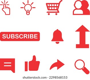 Essential Icons set for channels for editing. Most useful icons with red color.  Click, Learn, Submit, Buy, Join, Subscribe, Like, Comment, Explore, Share icons for online business.