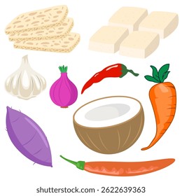 Essential Indonesian Cooking Ingredients in Colorful Vector Set