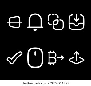 Essential interface icons containing bell alerts download buttons mouse pointers and cryptocurrency symbols. High quality graphic resources for website navigation e-commerce platforms and digital wallet applications.