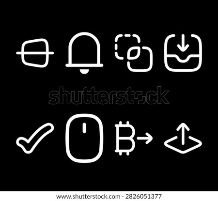 Essential interface icons containing bell alerts download buttons mouse pointers and cryptocurrency symbols. High quality graphic resources for website navigation e-commerce platforms and digital wallet applications.