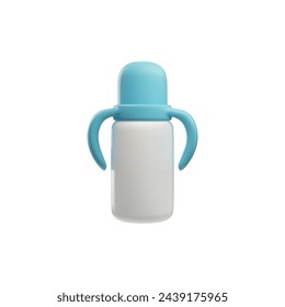 Essential item for child care. 3D vector feeding bottle with handles, closed with a blue cap on an isolated background. Ideal for icons and children's accessories.