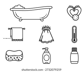 Essential items for baby's bath and hygiene: bathtub, towel, sponge, thermometer, lotion, and medicine vector set.