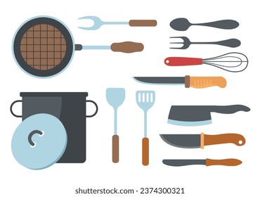 Essential items in kitchen, wide variety of types, designs for culinary tasks. Frying pan and casserole, knives for meat and spatula, whisk and barbeque fork for grilling. Vector in flat style