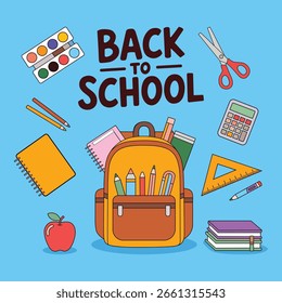 Essential Items for School Preparation on Blue Background