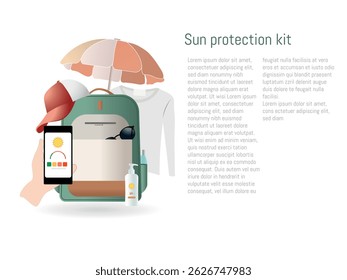 Essential items for sun protection, including sunscreen, a beach umbrella, a hat, sunglasses, and a smartphone app displaying the uv index, promoting skin cancer prevention and safe sun exposure
