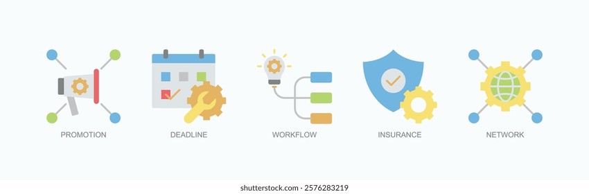 Essential Keys To Success Icon Set Isolated Vector With Icon Of Promotion, Deadline, Workflow, Insurance, Network In Flat Style