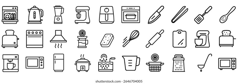 Coleção De Ícones Do Equipamento De Cozinha Essencial - Conjunto De Vetores De Contorno Editável.