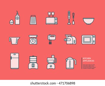 Essential kitchen appliances vector icons set. Trendy linear style