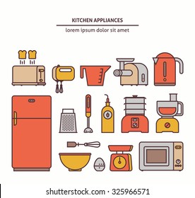 Essential kitchen appliances vesctor icons set. Trendy linear style