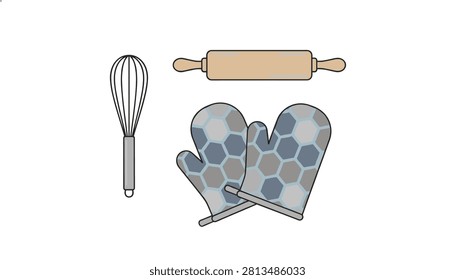 Essential kitchen baking tools including a silver wire whisk, a smooth wooden rolling pin, and a pair of patterned insulated oven mitts for food preparation.