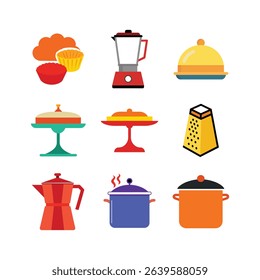 Essential kitchen elements featuring cookware and handy gadgets for food preparation Line Art Vector illustration