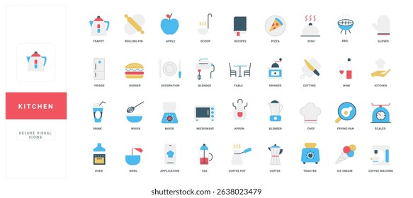 Essential kitchen tools, food, and cooking equipment icons in a clean flat style perfect for culinary blogs, recipe websites, or restaurant branding vector illustration